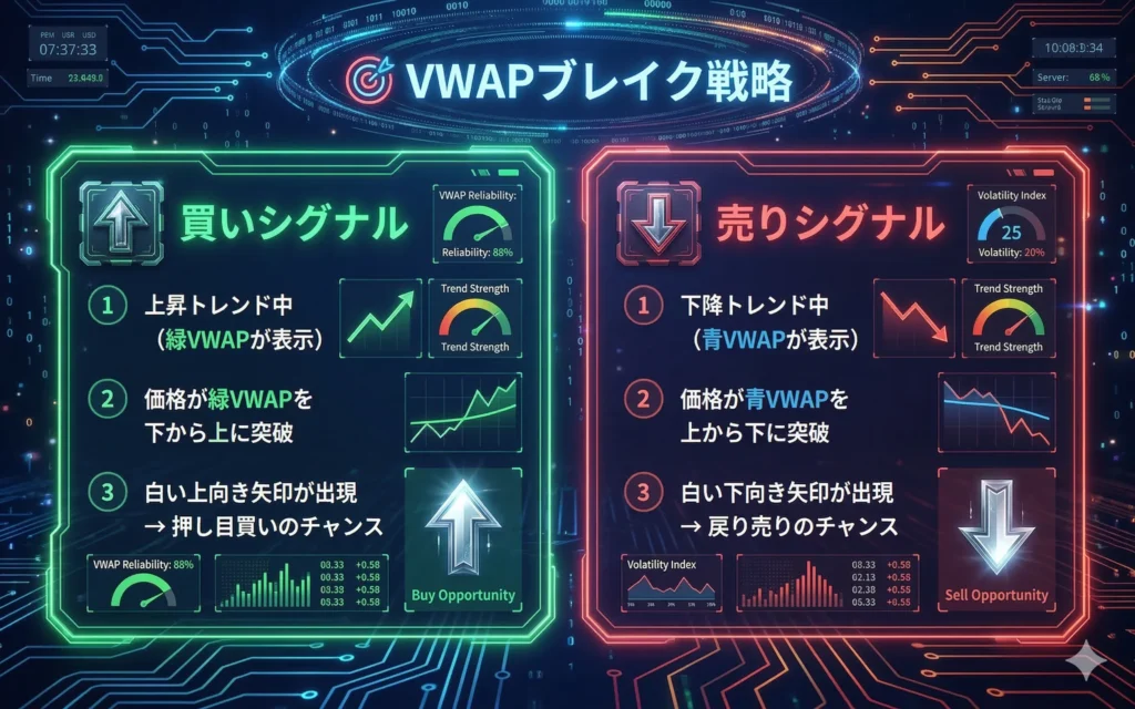 SwingAnchoredVWAPブレイク戦略｜買いシグナルは緑VWAP上抜け、売りシグナルは青VWAP下抜け