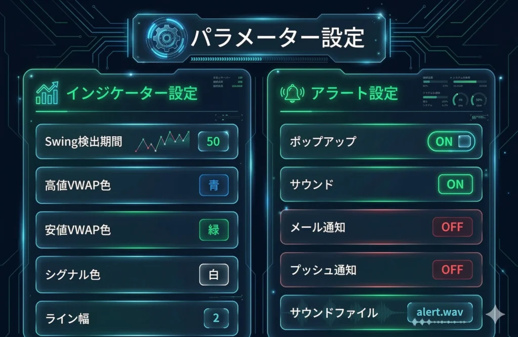 SwingAnchoredVWAPパラメーター設定｜Swing検出期間・VWAP色・アラート通知の設定項目一覧