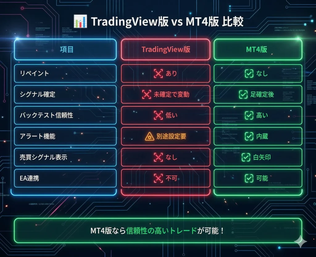 SwingAnchoredVWAP TradingView版とMT4版の比較表｜リペイント・シグナル確定・アラート機能・EA連携の違い