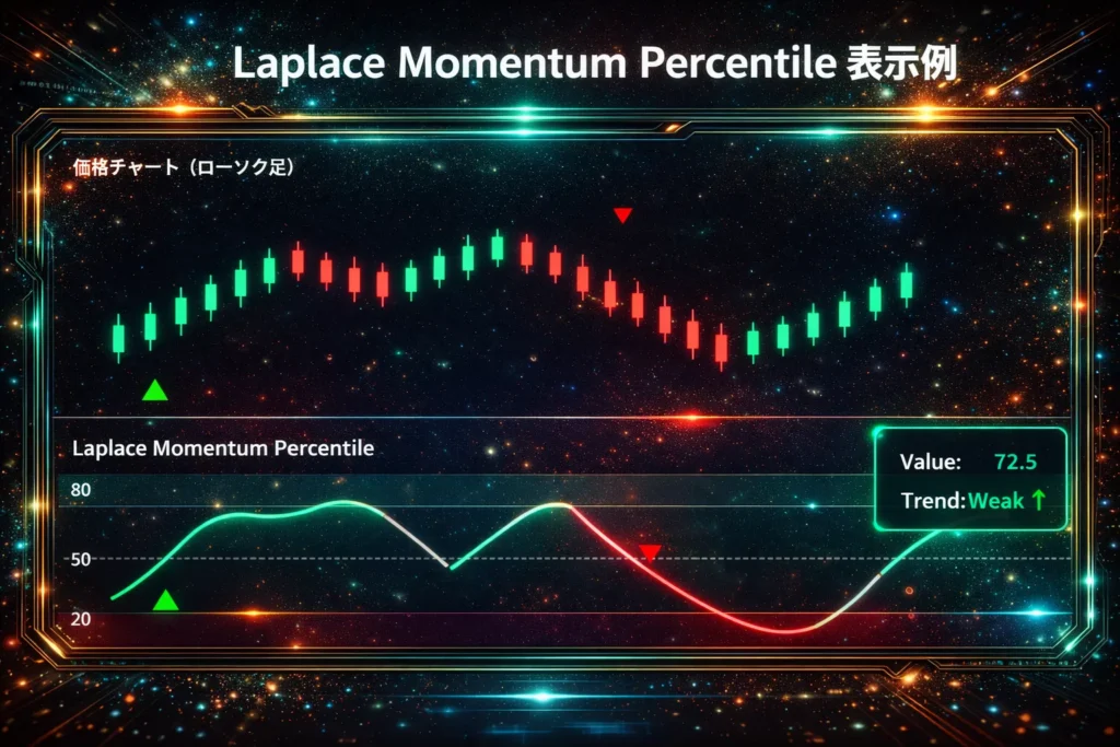 Laplace Momentum PercentileインジケーターMT4表示例｜ローソク足チャートと連動したオシレーター表示・買い売りシグナル矢印・80/50/20レベルライン
